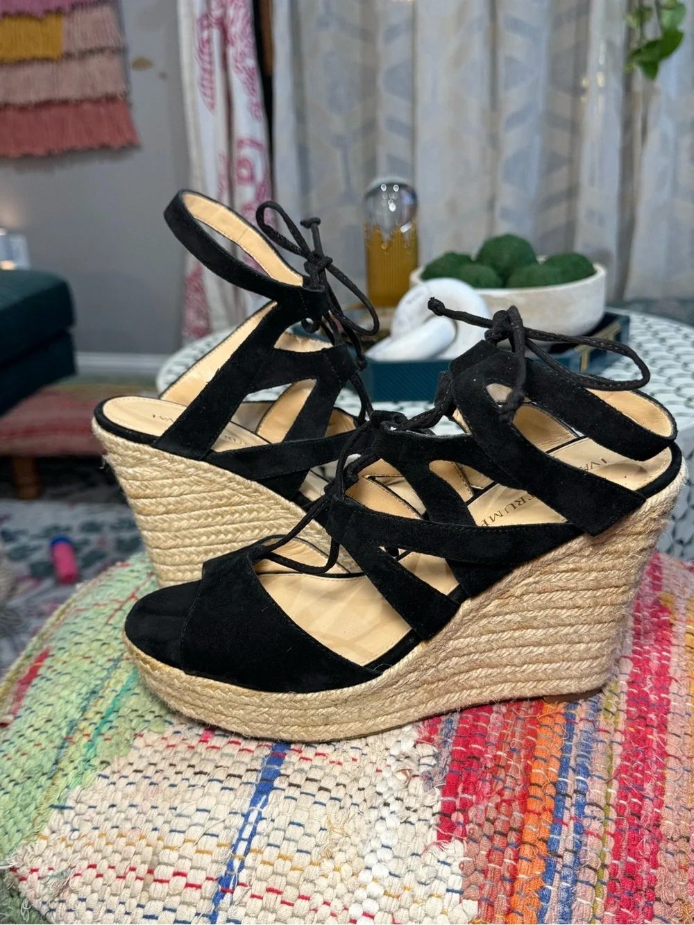Ivanka Trump Black Suede Lace-Up Espadrille Wedges‎